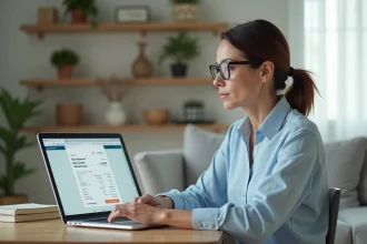 Femme d'âge moyen utilisant un ordinateur pour consulter un relevé bancaire