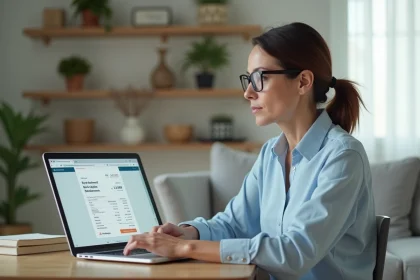 Femme d'&acirc;ge moyen utilisant un ordinateur pour consulter un relev&eacute; bancaire