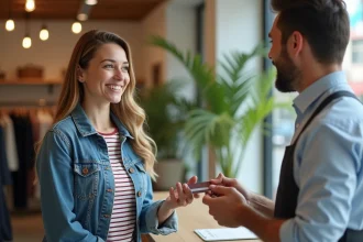 Femme en boutique avec vendeur lors d'une transaction