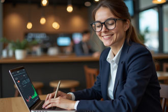 Jeune femme en café regardant des graphiques crypto sur son ordinateur