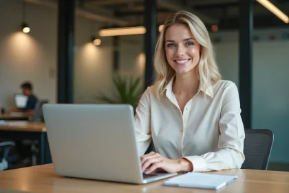 Femme professionnelle au bureau travaillant sur son ordinateur portable