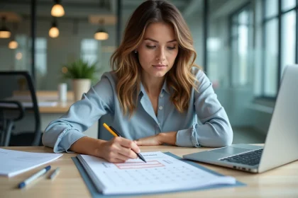 Jeune femme au bureau marquant une deadline importante