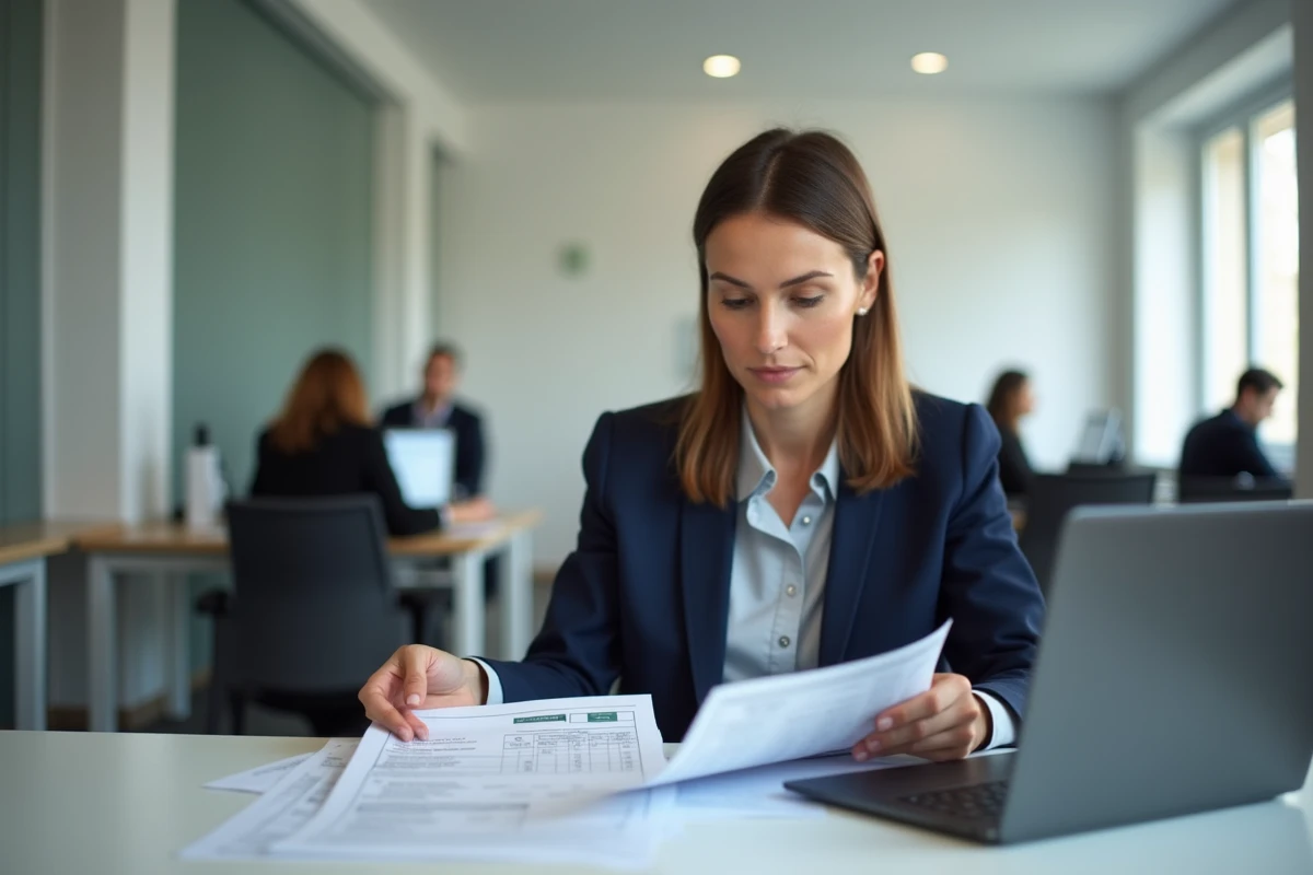 Femme cadre en entreprise analysant une fiche de paie et un calcul de salaire net brut sur son bureau