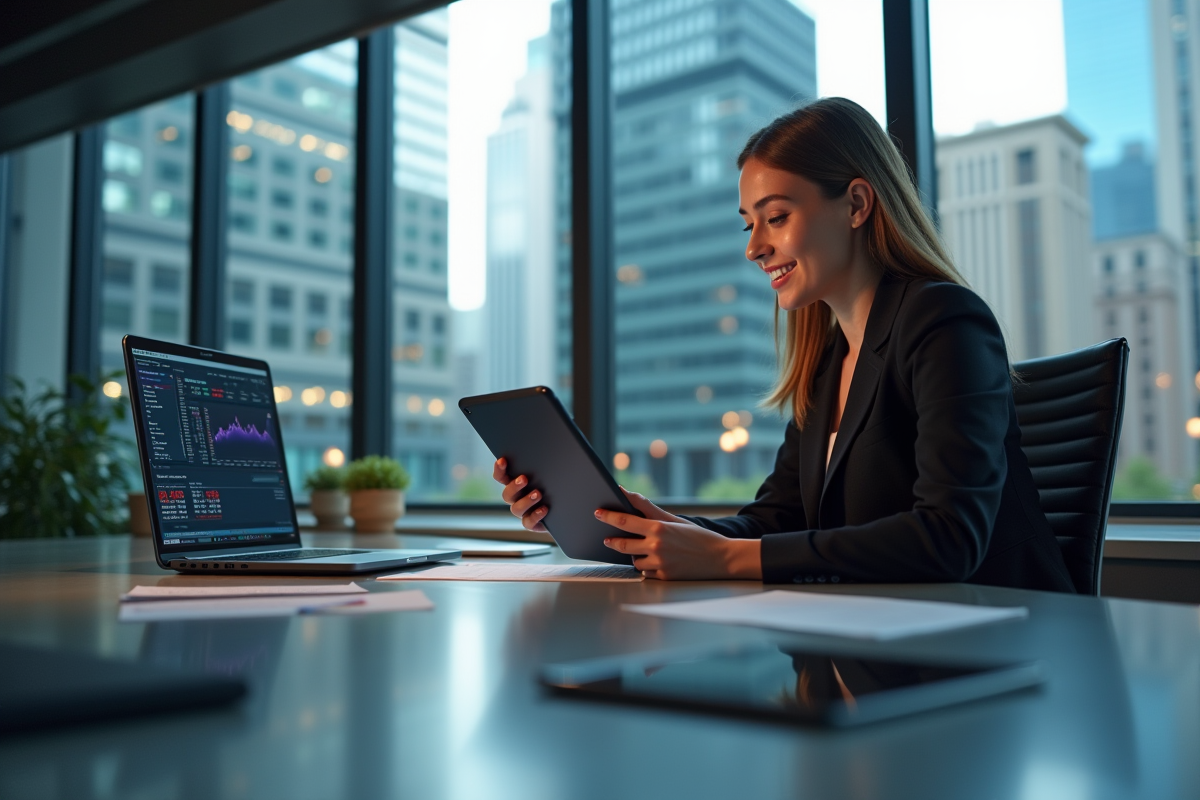 Jeune femme souriante consultat des données boursières sur sa tablette au bureau