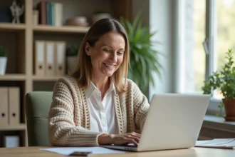 Femme d'âge moyen travaillant à son bureau à domicile
