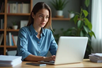 Femme assise à un bureau moderne avec ordinateur portable