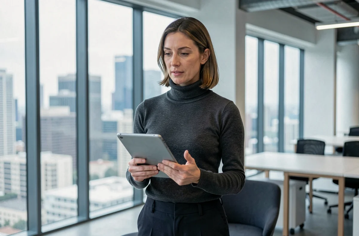 Femme cadre dans un bureau moderne en verre avec vue sur la ville, symbolisant le succès professionnel et la fortune dans le monde des médias français