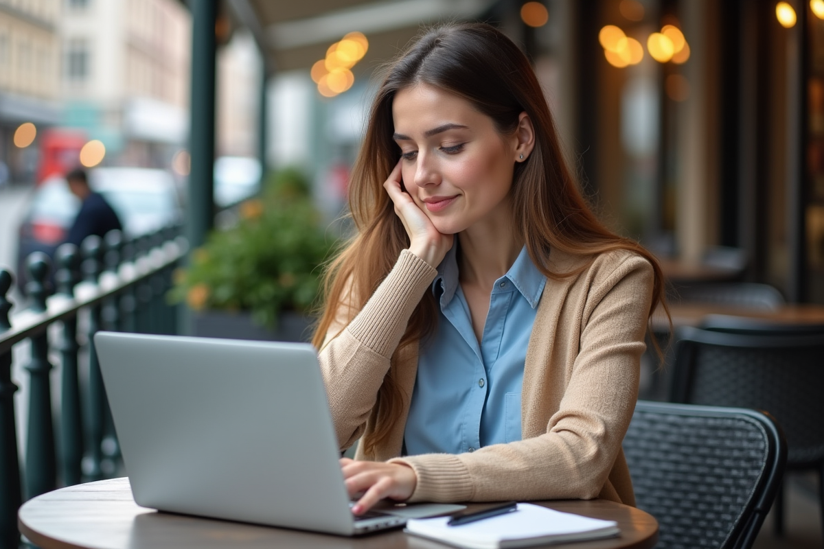 Jeune femme analysant des données financières en extérieur