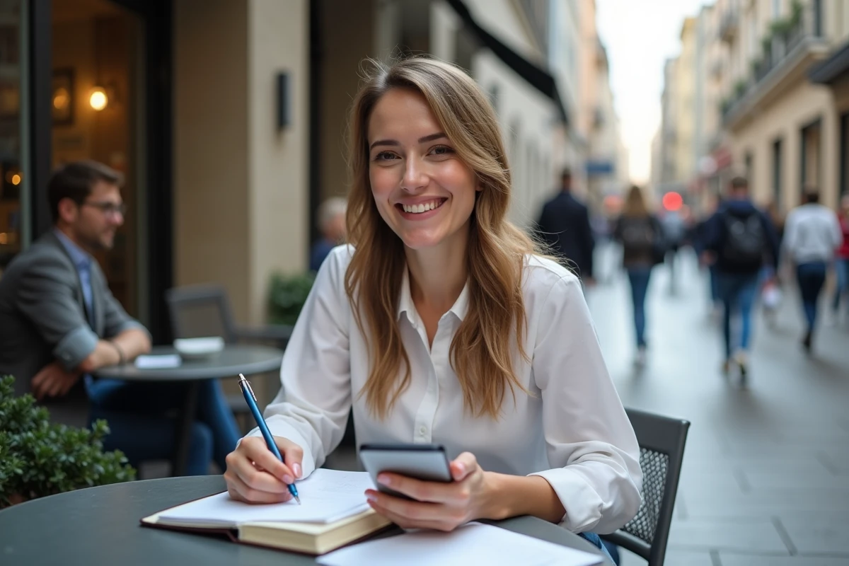 Femme souriante prenant des notes dans un café urbain