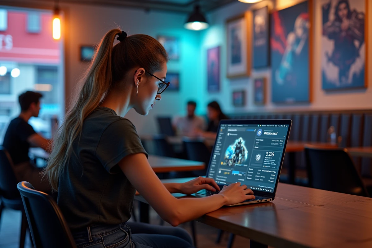 Femme dans un caf&eacute; v&eacute;rifiant son profil Valorant sur son laptop