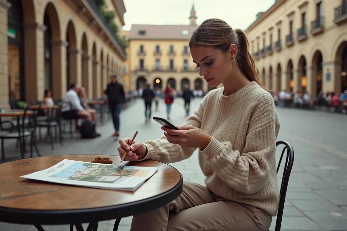 Jeune femme d&eacute;gustant du tabac en terrasse en Espagne
