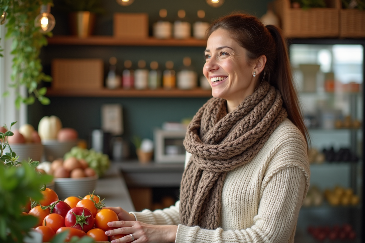 Femme canadienne souriante en magasin avec produits et plantes