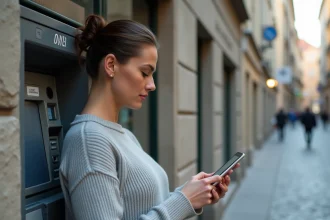 Femme consultant une carte interactive sur smartphone devant un distributeur de billets en ville pour localiser un DAB proche