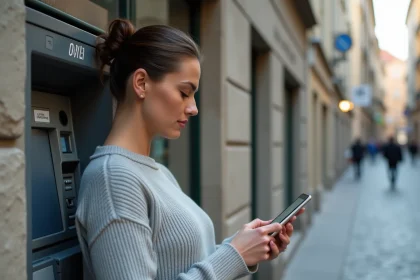 Femme consultant une carte interactive sur smartphone devant un distributeur de billets en ville pour localiser un DAB proche