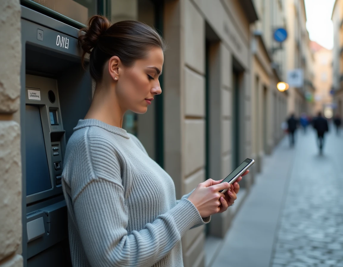 Femme consultant une carte interactive sur smartphone devant un distributeur de billets en ville pour localiser un DAB proche