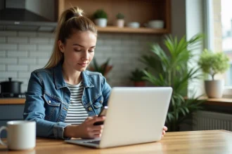 Femme en denim et rayures travaillant à la maison