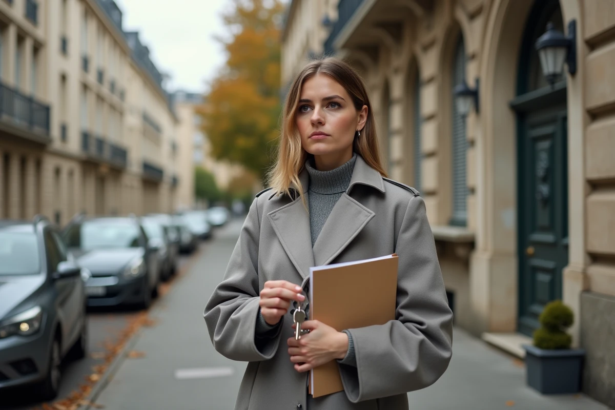 Femme devant un immeuble résidentiel tenant ses clés et des documents de prêt immobilier, réfléchissant au choix entre Casden et hypothèque