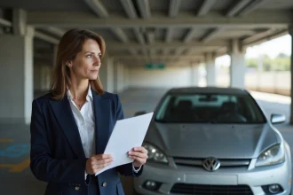 Femme comparant des offres d'assurance auto Pacifica face aux grandes banques, tenant un dossier de documents près de sa voiture