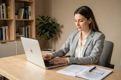 Femme professionnelle comparant des offres d'assurance en ligne sur son ordinateur portable dans un bureau à domicile moderne