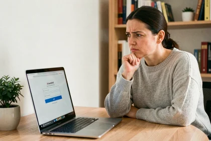 Femme frustrée face à une connexion bloquée sur son espace client en ligne depuis un ordinateur portable à domicile