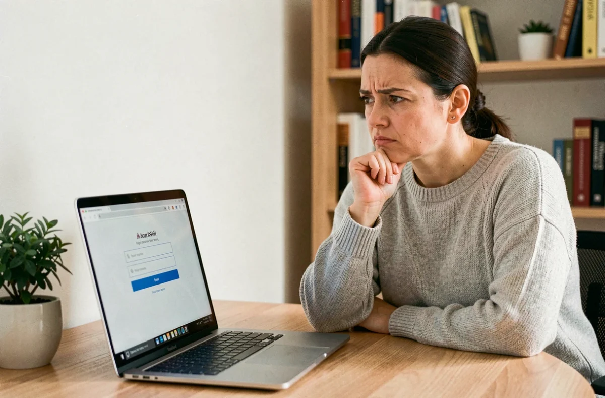 Femme frustrée face à une connexion bloquée sur son espace client en ligne depuis un ordinateur portable à domicile