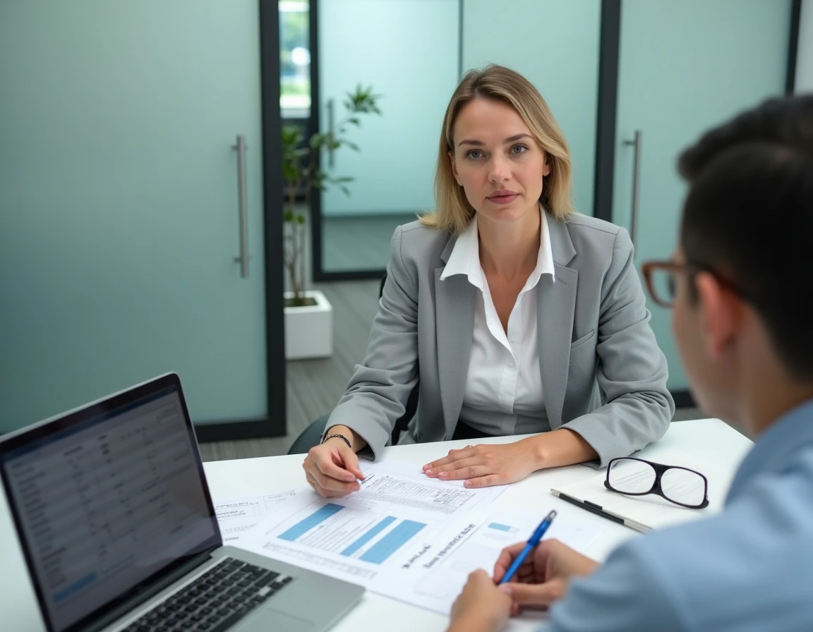 Femme discutant de sa déclaration fiscale et de ses acomptes avec un conseiller fiscal dans un bureau professionnel