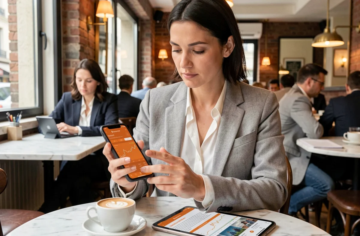 Femme consultant l'application Boursorama sur smartphone dans un café parisien pour suivre l'action Orange