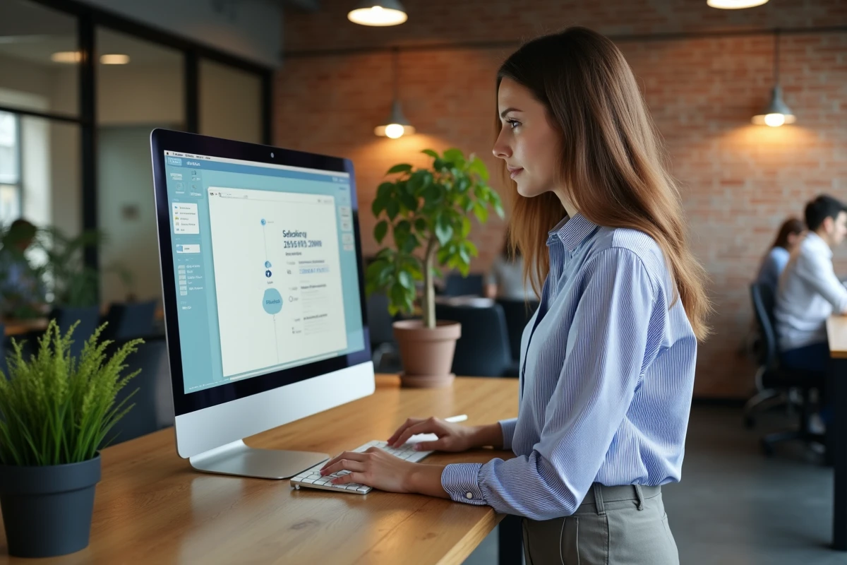 Femme en espace de coworking consultant un simulateur de salaire net brut de 2800 euros sur ordinateur