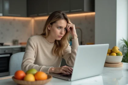 Femme concentr&eacute;e sur son ordinateur dans une cuisine moderne