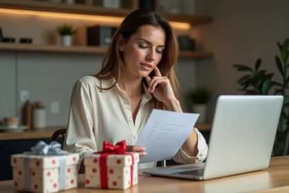 Femme en cuisine compare une liste avec son ordinateur et cadeaux