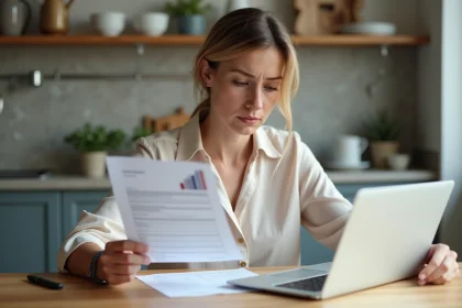 Femme examinant sa declaration fiscale dans une cuisine moderne