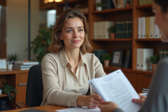 Femme remettant des documents dans une banque chaleureuse
