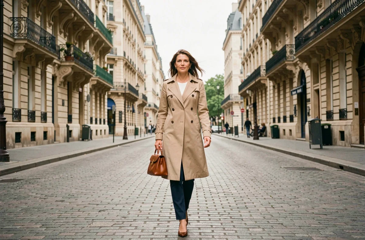 Femme élégante marchant dans une avenue parisienne haussmannienne, évoquant le style de vie et la notoriété associés à la fortune d'Audrey Crespo-Mara