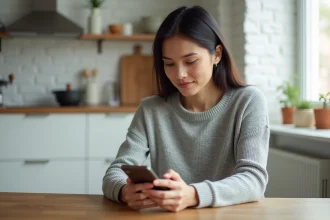 Jeune femme consultant son espace Nickel sur smartphone dans un appartement moderne en 2026