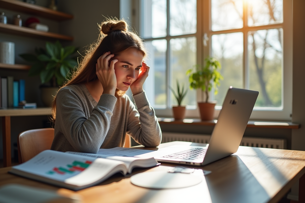 Jeune femme stressée étudiant la fintech à son bureau lumineux