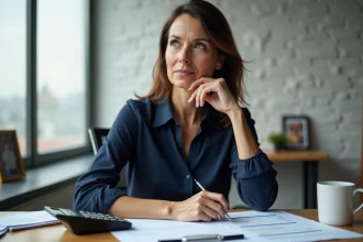 Femme concentrée en finance dans un bureau moderne