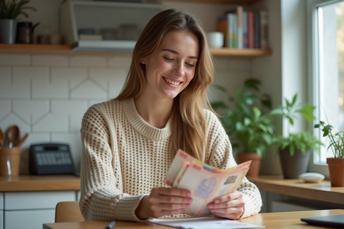 Jeune femme comptant des billets dans sa cuisine