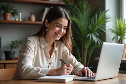 Jeune femme planifiant ses finances &agrave; la maison