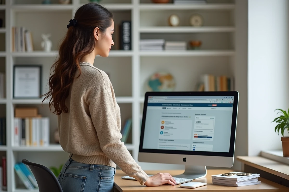 Jeune femme fran&ccedil;aise v&eacute;rifiant taux de change sur ordinateur