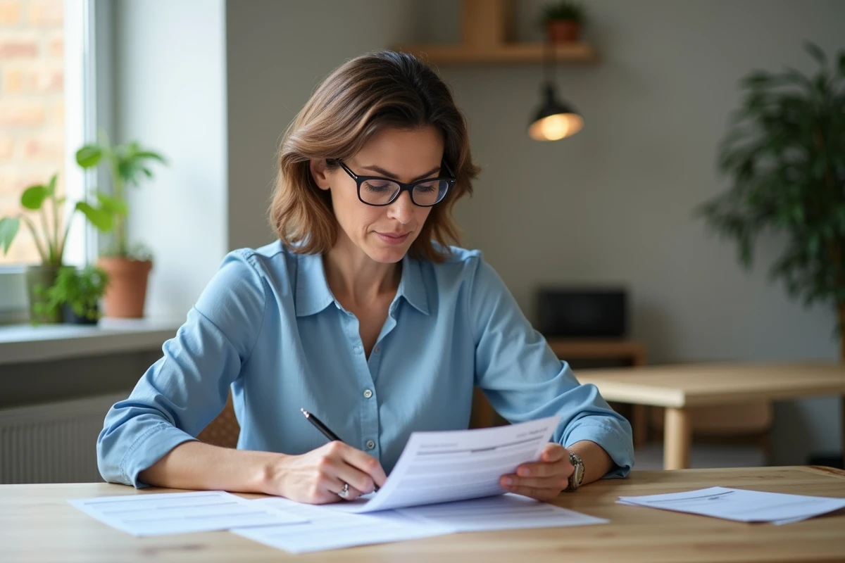 Femme française concentrée remplissant sa déclaration d'impots