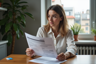 Femme réfléchissant à ses relevés bancaires dans un appartement