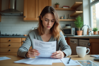 Jeune femme inquiète vérifiant ses finances à la maison