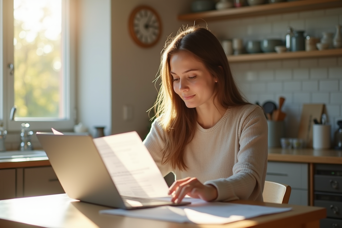 Jeune femme détendue avec documents et ordinateur dans la cuisine