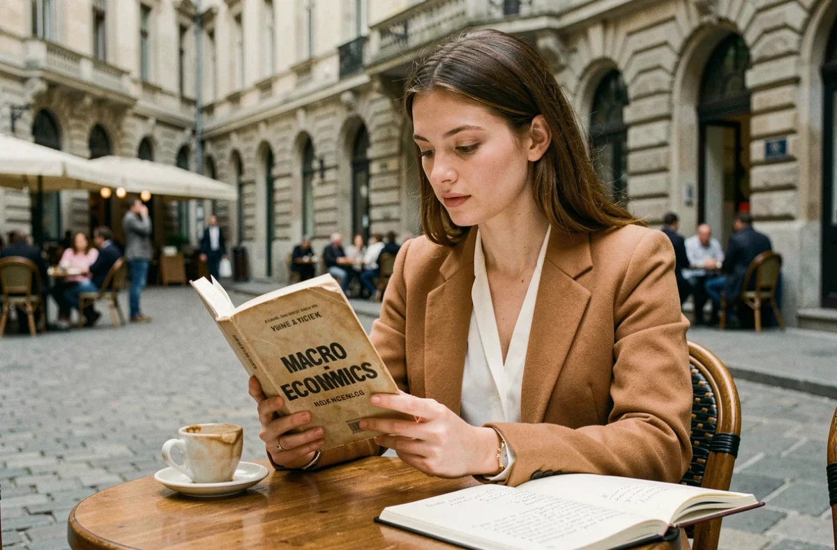 Jeune femme lisant un manuel de macroéconomie en terrasse de café dans une ville européenne