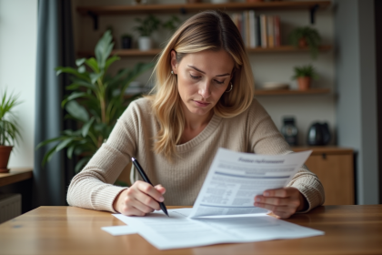 Femme lisant des documents bancaires dans un intérieur moderne