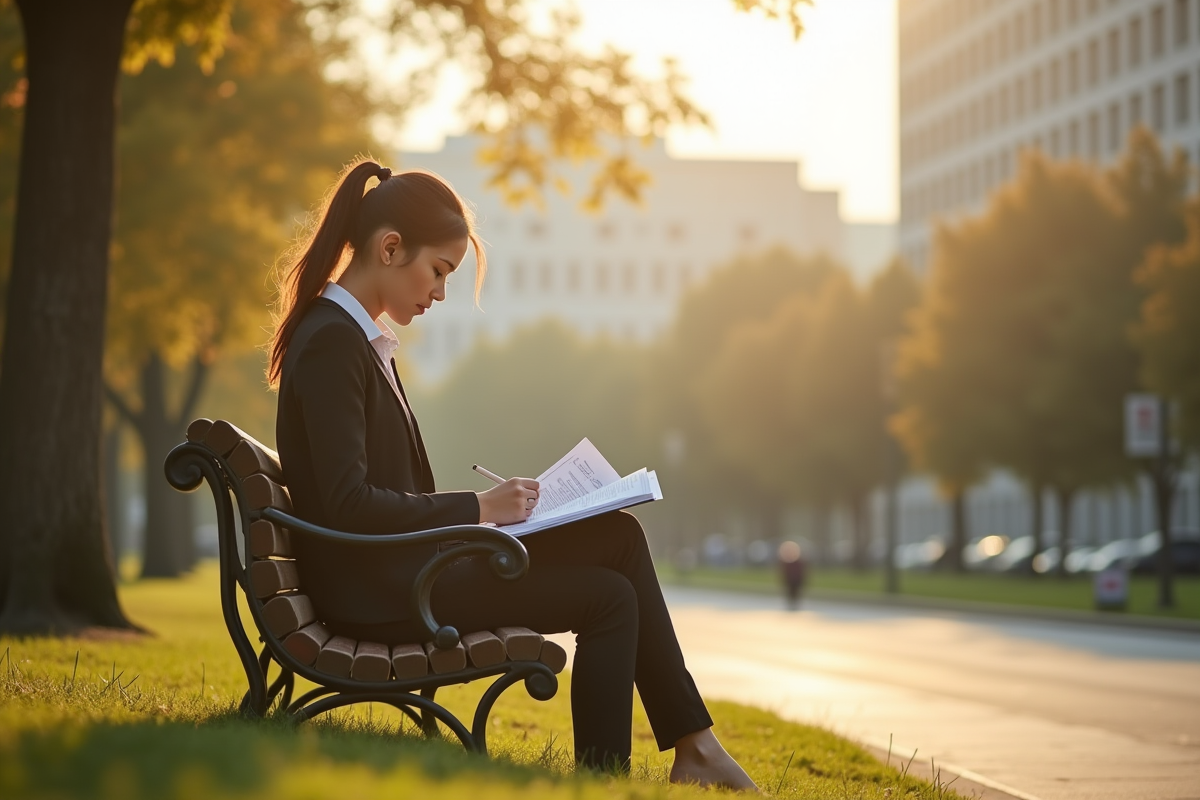 Jeune femme lisant des documents dans un parc ensoleille