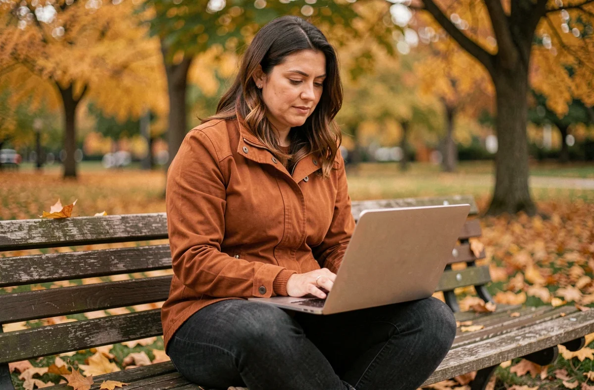 Femme travaillant sur son ordinateur portable dans un parc en automne, évoquant la liberté et le changement de vie inspirés par un blog