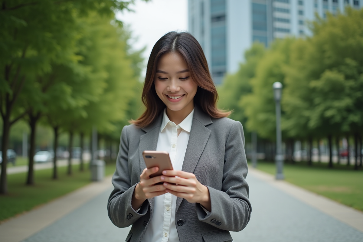 Jeune femme souriante vérifie une application d