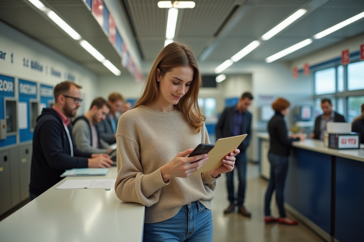 Jeune femme au bureau de poste vérifiant son smartphone