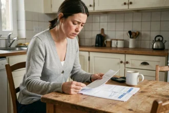 Femme consultant ses fiches de paie et documents de prime d'activité à la table de sa cuisine